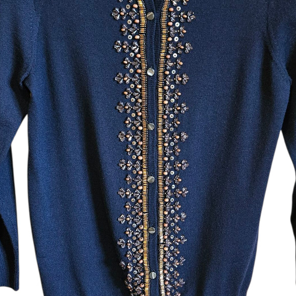 JCrew Cartigan Wool Sweater Embellished Button Down Navy Women's Medium - Picture 3 of 5
